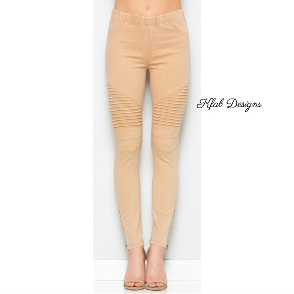 Khaki Washed Moto Leggings With Ankle Zip